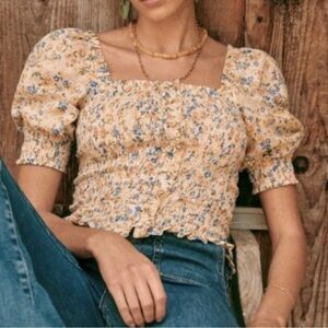 Sezane Floral Puff Sleeve Blouse in Yellow and Blue